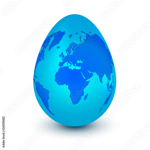 Blue planet Earth in shape of egg isolated on a white background with shadow. Concept of world easter celebration or international egg day