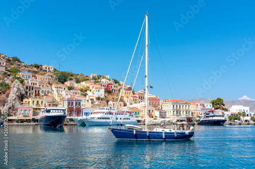 Boats and yachts in Symi port, Dodecanese islands, Greece