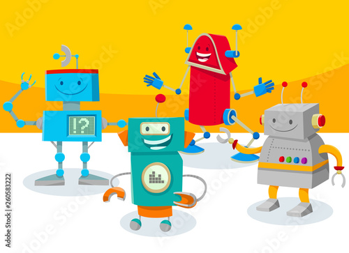 funny robot characters group cartoon illustration