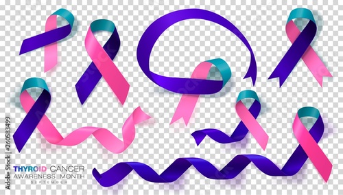 Thyroid Cancer Awareness Month. Teal and Pink and Blue Color Ribbon Isolated On Transparent Background. Vector Design Template For Poster.