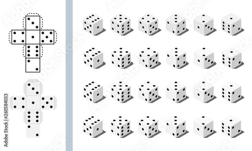 Set of dices and paper dice templates vector icon isolated on white background. photo