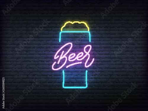 Beer neon glowing sign. Bright vector label of beer mug and lettering.