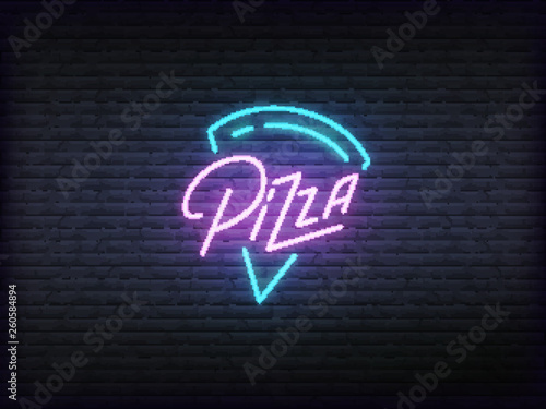 Pizza neon glowing sign. Bright vector label of pizza slice and lettering.