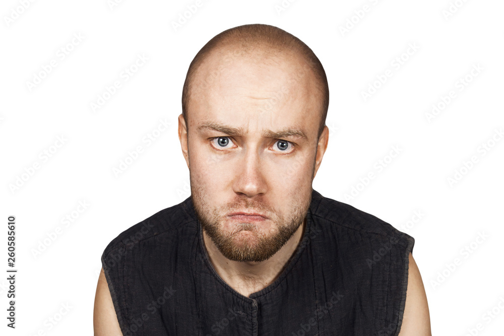 portrait of a bald upset offended man experiencing stress due to problems on an isolated white background portrait of a bald upset offended man experiencing stress due to problems on an isolated white background