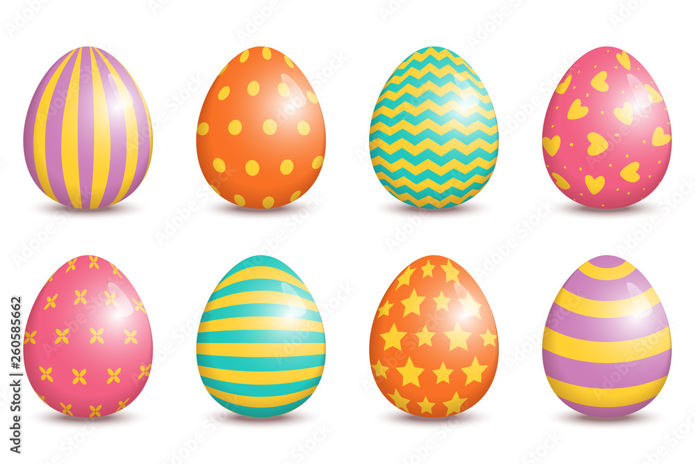 Set of realistic easter decorated eggs isolated on white background.