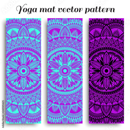 Set of yoga mats with ethnic designs. Turquoise, purple and black vector pattern with mandala.