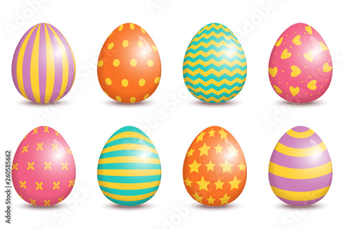 Set of realistic easter decorated eggs isolated on white background.