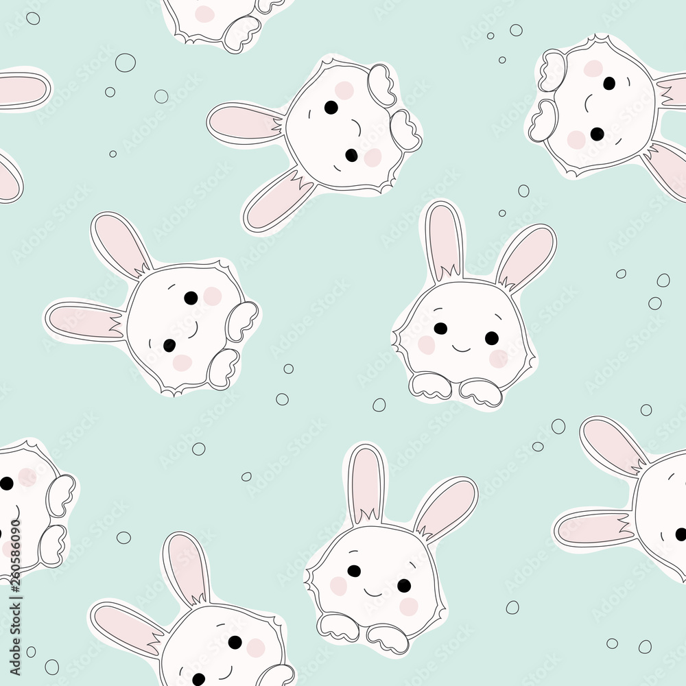 Seamless pattern of cute white bunnies on green background. Children print textile design.