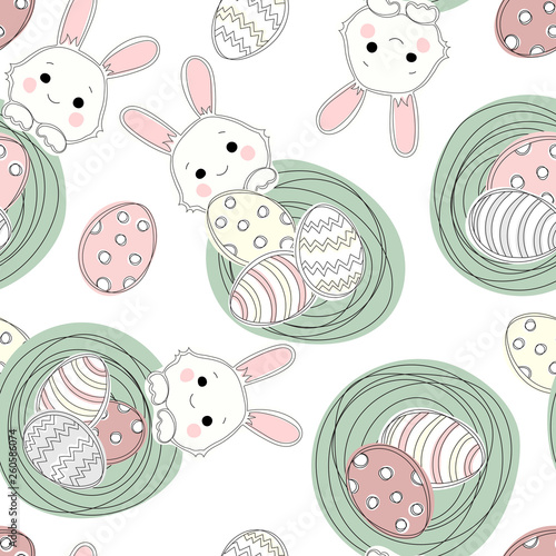Easter Nest with eggs and bunnies pattern. Isolated image on white background.