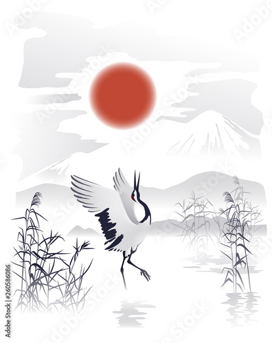 Red Crowned Crane standing in the water against the backdrop of mountains and the rising sun. Vector illustration.