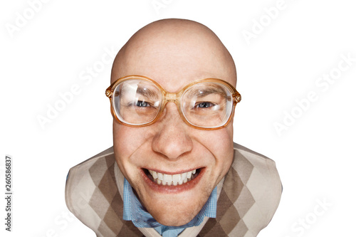 Portrait happy bald guy office worker glad to win on an isolated white background