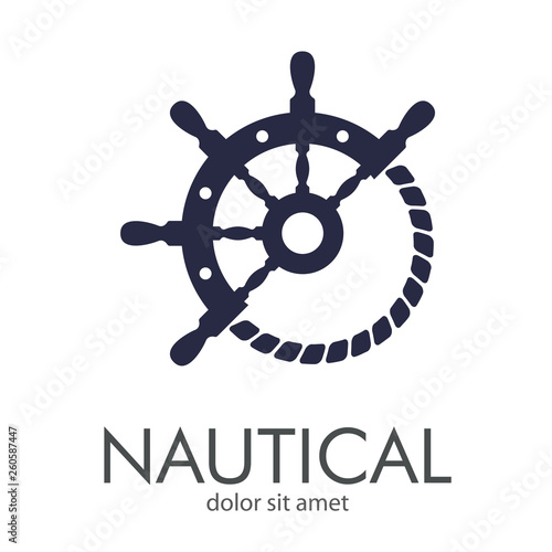 Logotipo abstracto con texto NAUTICAL con timón y cuerda en círculo color gris