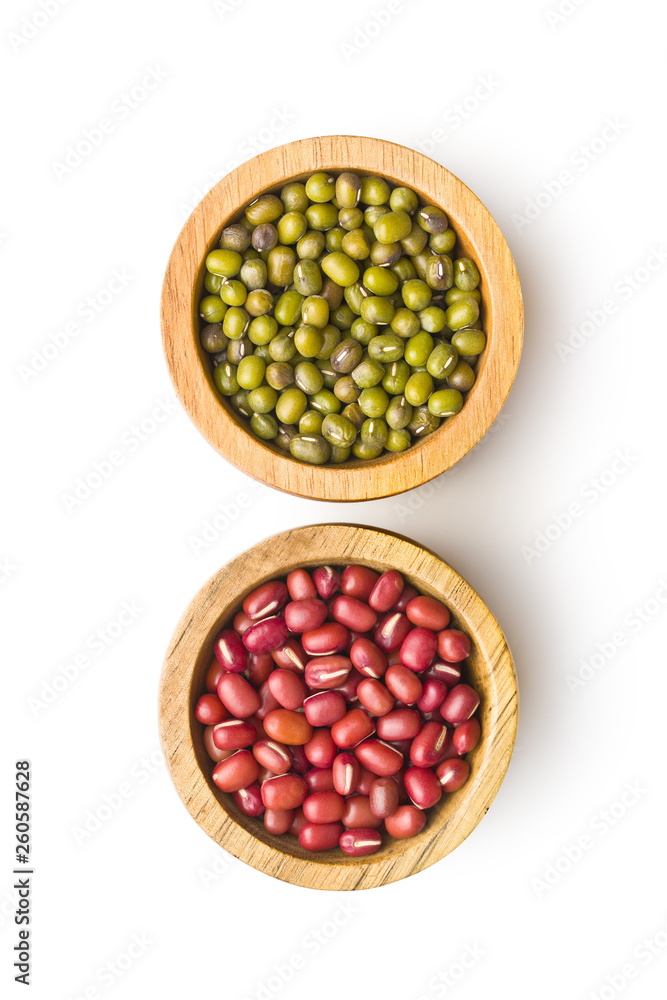 Red adzuki beans and green mungo beans. Red adzuki beans and green mungo beans.