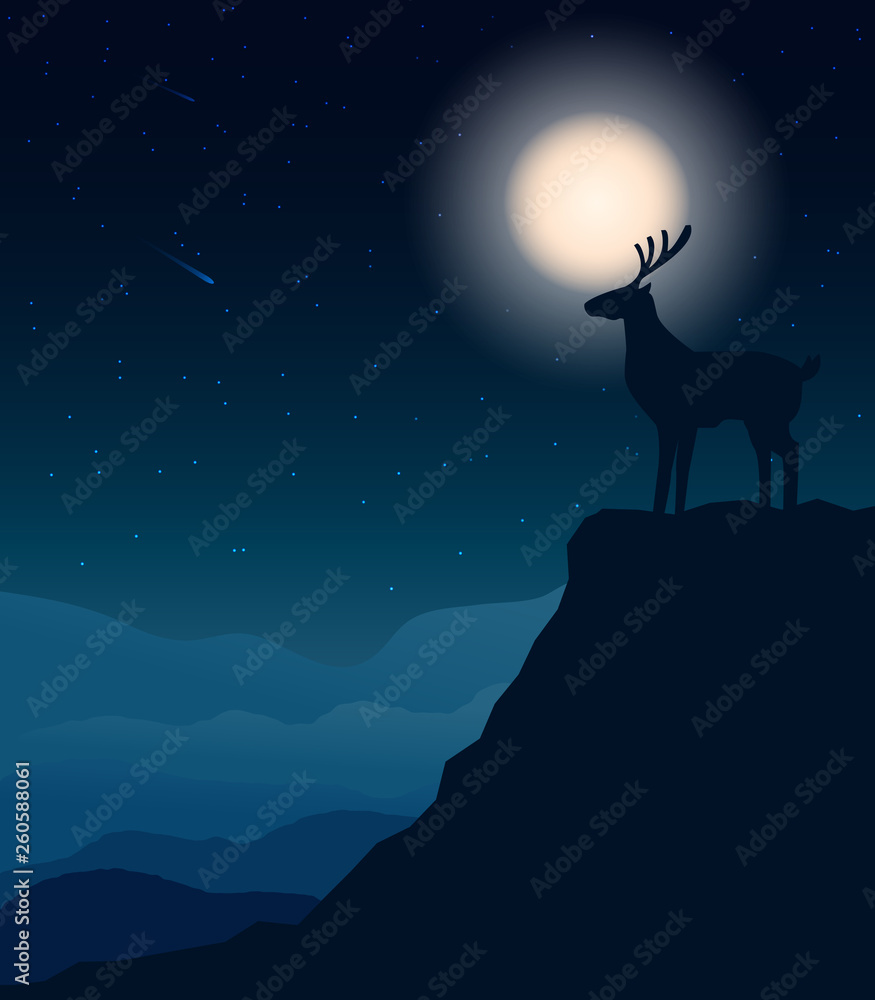 Deer silhouette standing on a cliff with moon Deer silhouette standing on a cliff with moon