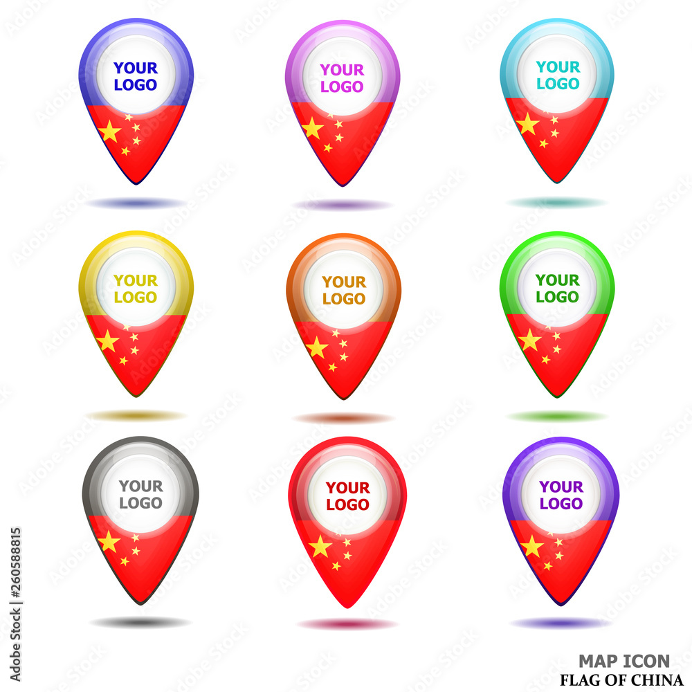 Bright map icon with flag of China. Location Icon illustration Bright map icon with flag of China. Location Icon illustration