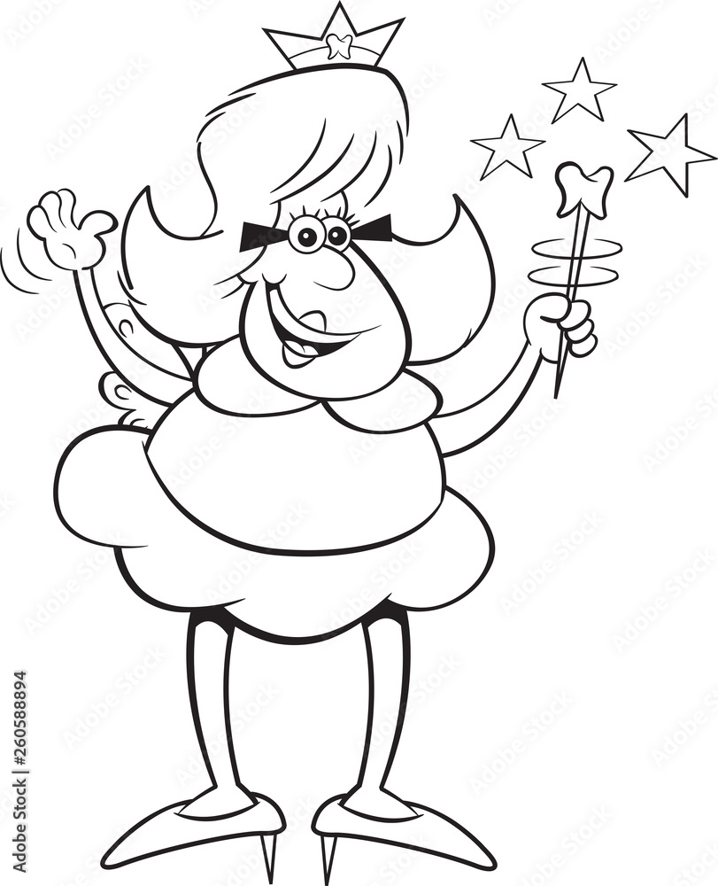 Black and white illustration of a tooth fairy waving a magic wand. Black and white illustration of a tooth fairy waving a magic wand.