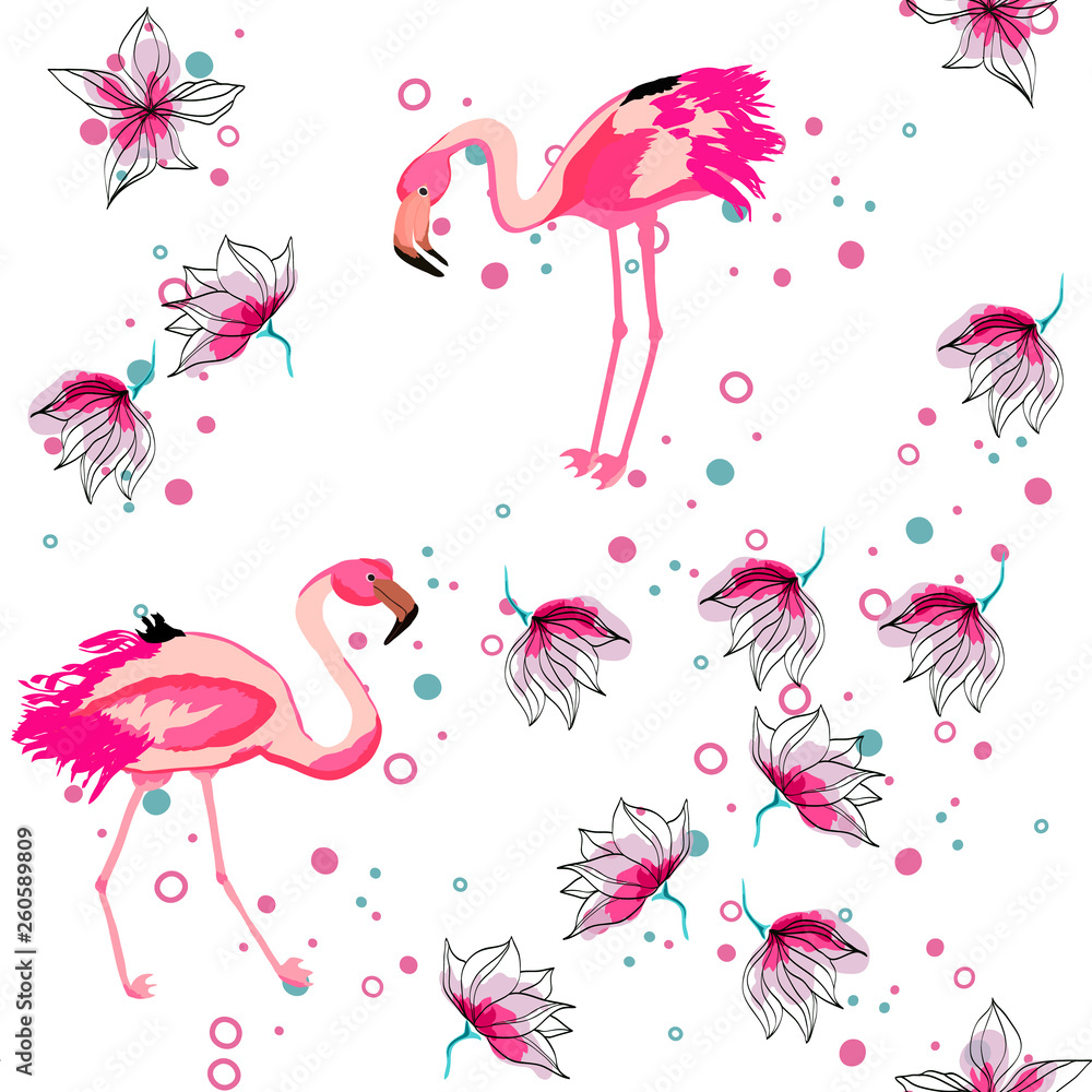Pink flamingo tropical floral seamless pattern.Hibiscus flowers with exotic birds.Hawaiian background with flamingo and tropical plants. Pink flamingo tropical floral seamless pattern.Hibiscus flowers with exotic birds.Hawaiian background with flamingo and tropical plants.