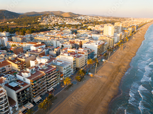 Aerial view of coast at Calafell cityscape with a modern apartment buildings