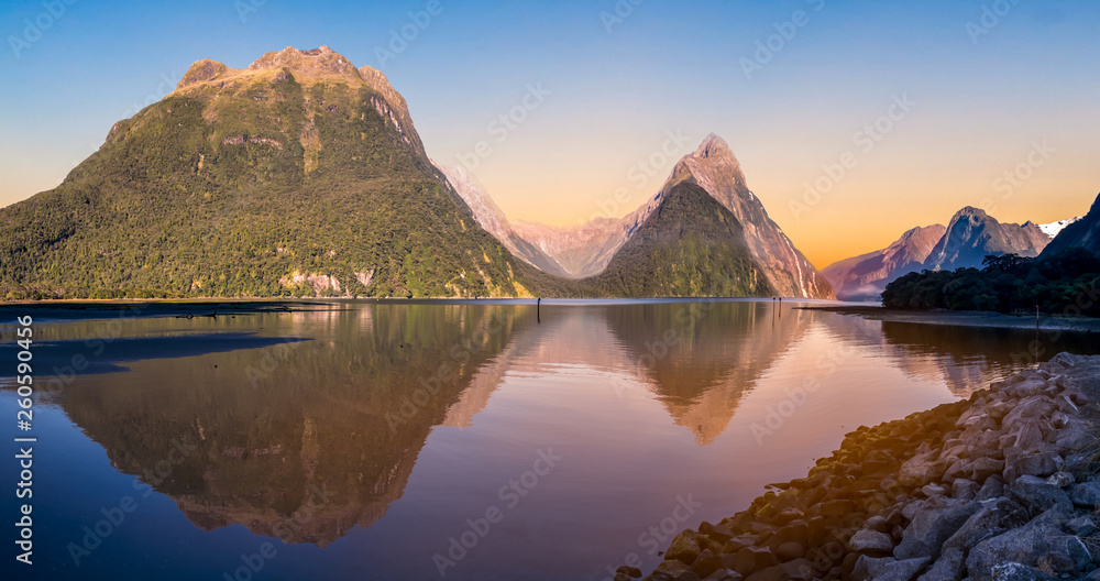 Mitre peak in Milford Sound reflected at sunset.