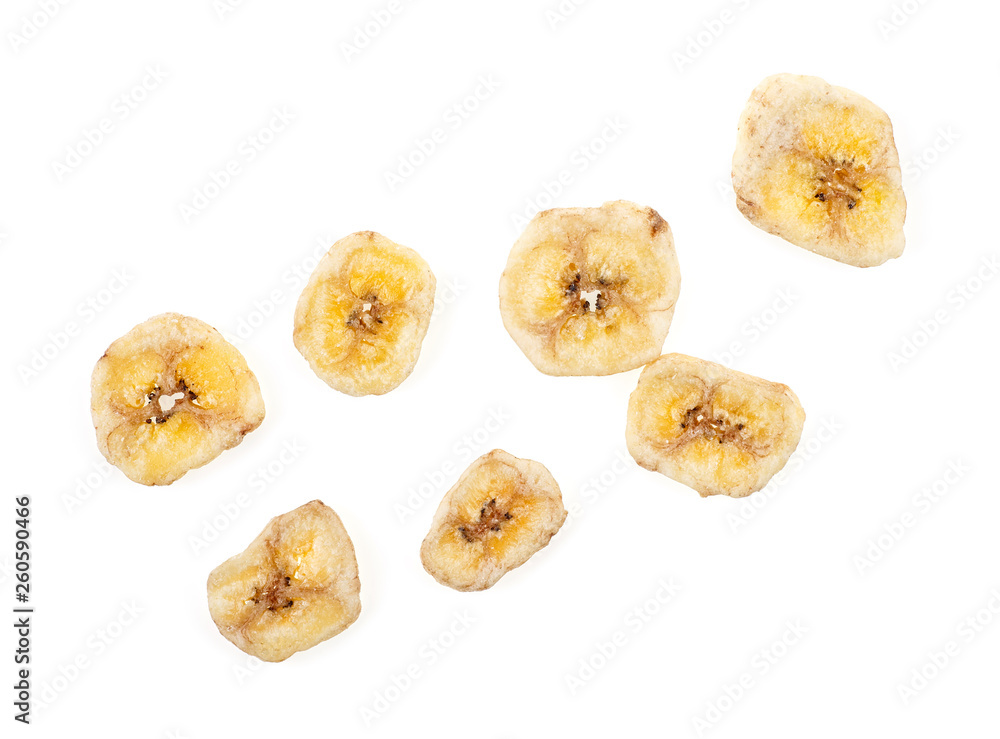 Dried banana slice isolated on white background, top view.