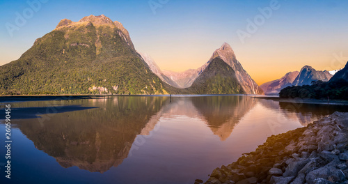 Mitre peak in Milford Sound reflected at sunset.