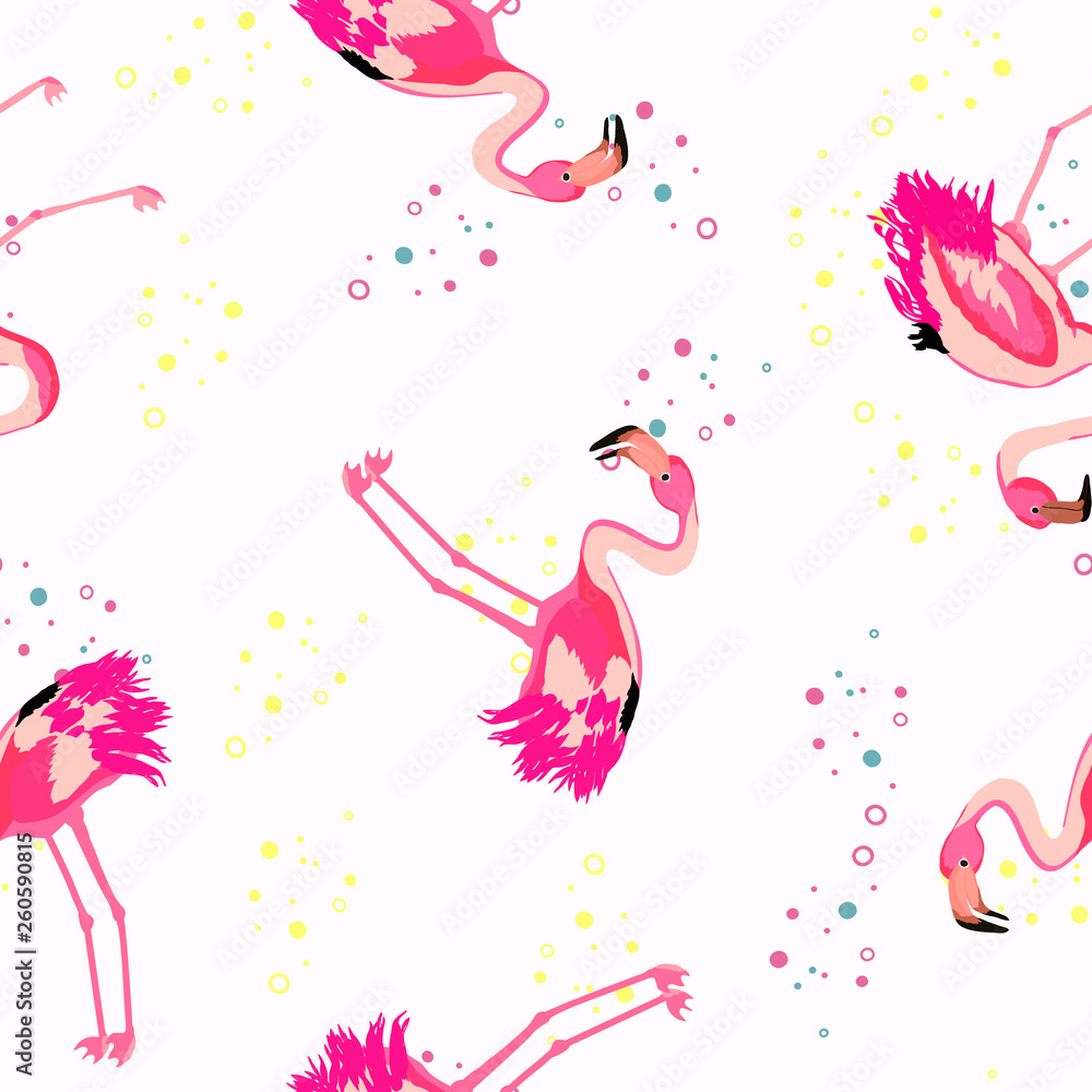 Flamingo and colored confetti on a white background tropical seamless pattern. Brazilian celebration with pink flamingo and round colored flying confetti endless pattern.