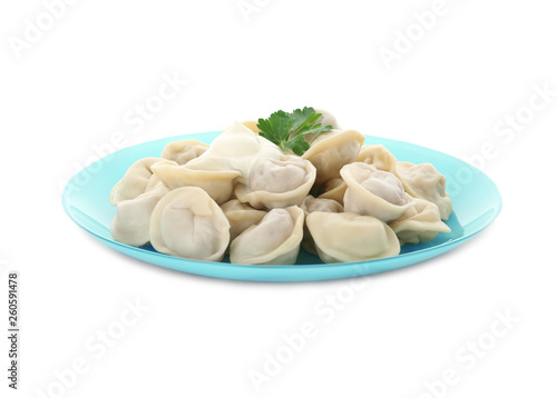 Plate with tasty dumplings isolated on white
