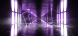 Smoke Alien Sci Fi Modern Futuristic Neon Fluorescent Virtual Reality Triangle Shaped Blue Violet Vibrant Lights In Empty Studio Dark Reflective Grunge Concrete Stage Ship 3D Rendering