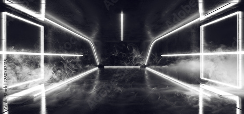 Smoke Fog Sci Fi Virtual Glowing Neon Futuristic Studio Stage Podium Empty Reflective White Glowing Lights Grunge Concrete Floor Dark Hall Room Corridor 3D Rendering