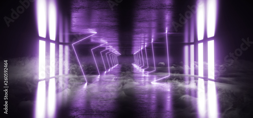 Smoke Alien Sci Fi Modern Futuristic Neon Fluorescent Virtual Reality Triangle Shaped Blue Violet Vibrant Lights In Empty Studio Dark Reflective Grunge Concrete Stage Ship 3D Rendering