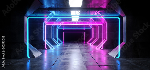 Fototapeta Naklejka Na Ścianę i Meble -  Virtual Reality Cyber Sci Fi Futuristic Neon Glowing Alien Ship Space Tunnel Corridor Glowoing Vibrant Fluorescent Laser Blue Purple Pink Reflective Floor Concrete Grunge 3D Rendering