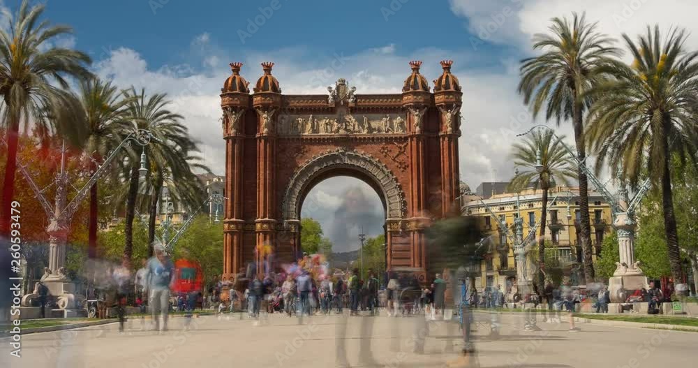 Touristic Barcelona,Arc de Triumph.Time Lapse.Long exposure.Silk effect. Panoramic view of Arch of Triumph with crowd of unrecognizable people(semitransparent)walking.Camera movement:Zoom out Touristic Barcelona,Arc de Triumph.Time Lapse.Long exposure.Silk effect. Panoramic view of Arch of Triumph with crowd of unrecognizable people(semitransparent)walking.Camera movement:Zoom out