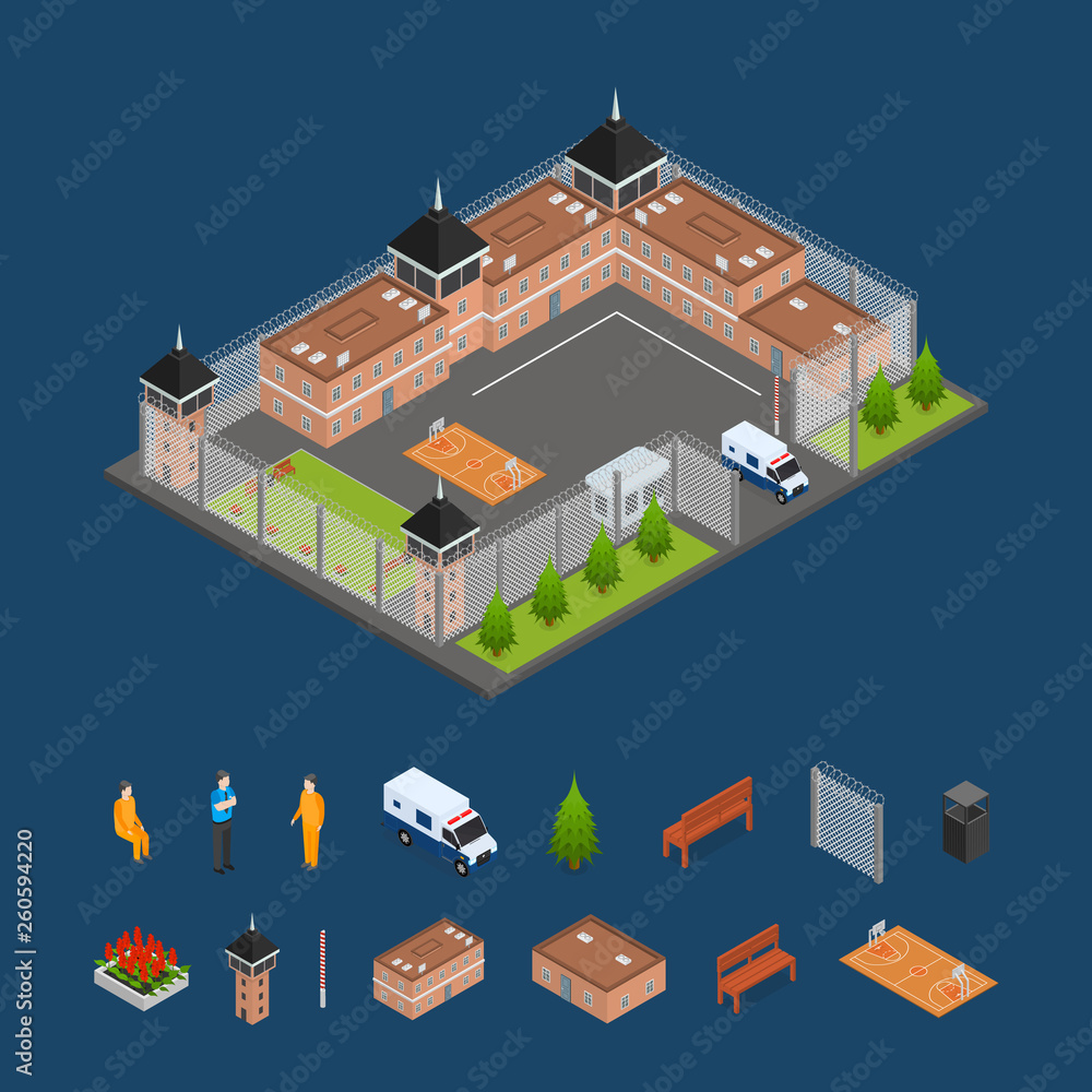 Prison Penitentiary and Elements Concept 3d Isometric View. Vector