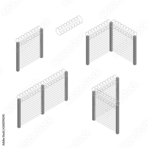 Prison Penitentiary Fence Set 3d Isometric View. Vector