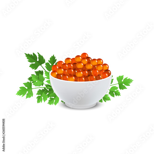 Realistic Detailed 3d Red Caviar in White Bowl. Vector