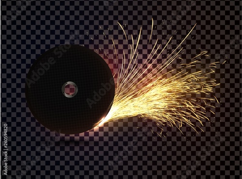 Abstract sparkles effect. Isolated abrasive disc with sparks on transparent background. Realistic cutoff wheel vector single object