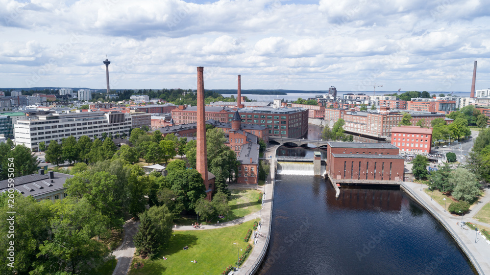 Aerial birds eye view of the Tampere city at sunny summer day