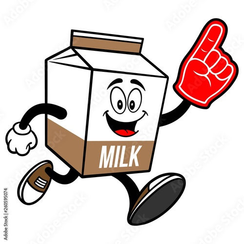 Chocolate Milk Carton Mascot running with a Foam Finger - A cartoon illustration of a Chocolate Milk carton mascot.