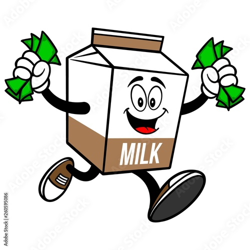 Chocolate Milk Carton Mascot running with Money - A cartoon illustration of a Chocolate Milk carton mascot.