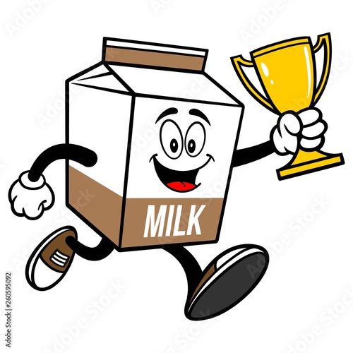 Chocolate Milk Carton Mascot running with a Trophy  - A cartoon illustration of a Chocolate Milk carton mascot.