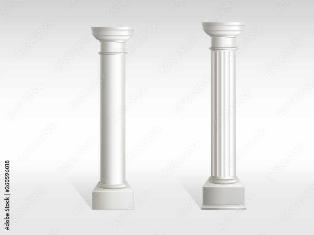 Cylindrical columns of white marble with smooth, textured pillar surfaces realistic vector isolated on white background with shadow. Antique architecture, historical building exterior design element Cylindrical columns of white marble with smooth, textured pillar surfaces realistic vector isolated on white background with shadow. Antique architecture, historical building exterior design element