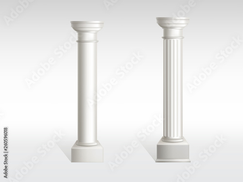 Cylindrical columns of white marble with smooth, textured pillar surfaces realistic vector isolated on white background with shadow. Antique architecture, historical building exterior design element