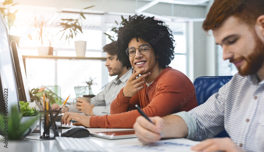 Fotografie Work at IT company, friendly black guy smiling at camera