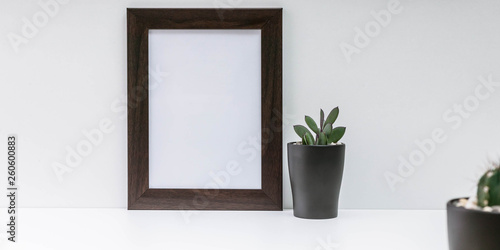 Empty dark photo frame and two succulents in dark pots on a white background. Scandinavian style MockUp