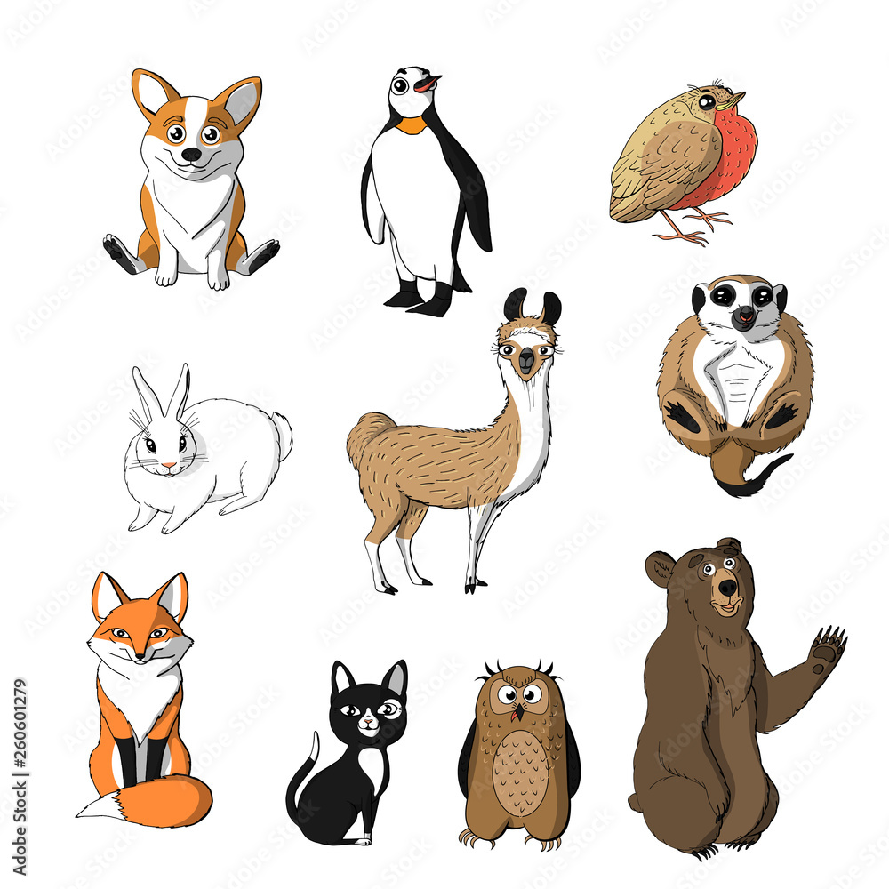 Fototapeta premium Set of cute animals isolated on white background.