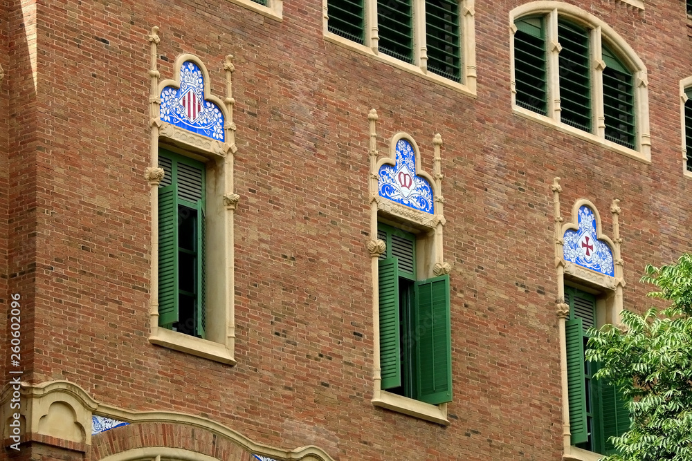 Samolepka Hospital de Sant Pau is historical art deco complex building, ex hospital, now monument and UNESCO World Heritage Site