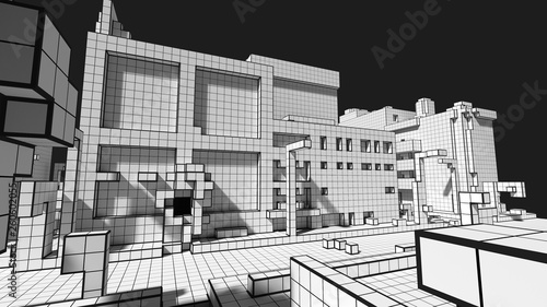 3D illustration of a voxel abstract construction similar to a futuristic city. Creative geometric concept. Pixel art wallpaper. Group of a futuristic buildings.