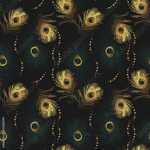 Seamless pattern from golden peacock feathers. stock vector