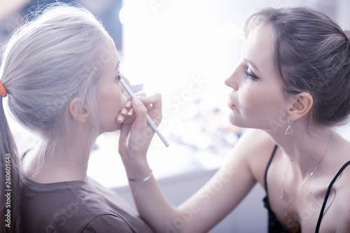 professional make-up in the beauty salon / master makes a professional fresh summer make-up of a beautiful model in the salon