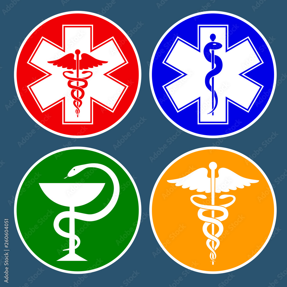Set of medical international symbols decorated in a circle. Star of life, staff of Asclepius, caduceus, bowl with a snake. Isolated symbols on dark background. Vector illustration. Set of medical international symbols decorated in a circle. Star of life, staff of Asclepius, caduceus, bowl with a snake. Isolated symbols on dark background. Vector illustration.